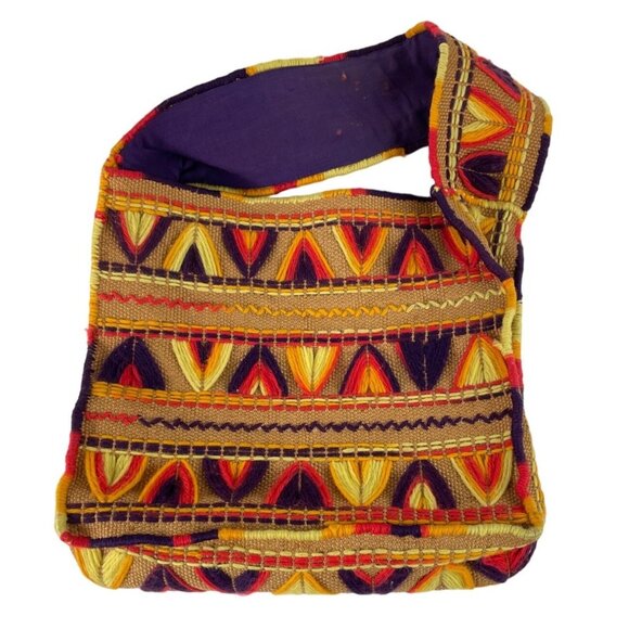 Vintage Handmade Colorful Yarn Embroidered Burlap Lined Tote Bag - Picture 2 of 10
